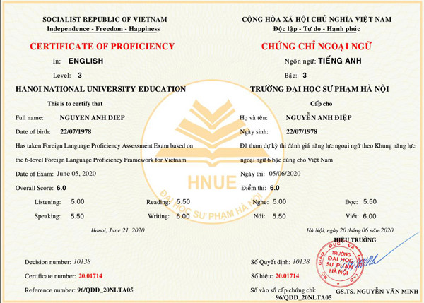 Mẫu chứng chỉ ngoại ngữ bậc 3