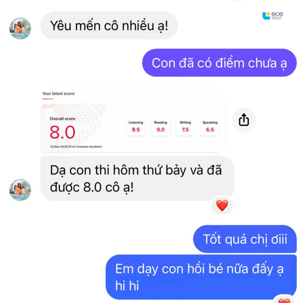 Học viên ECE báo điểm IELTS Overall 8.0 với điểm Reading 9.0