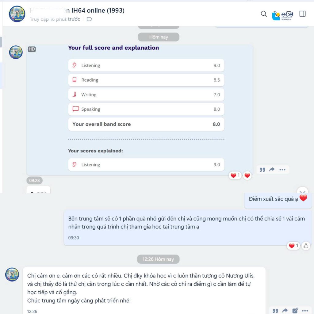 Học viên báo điểm 8.0 IELTS Overall với điểm Listening đạt 9.0 và Reading đạt 8.5