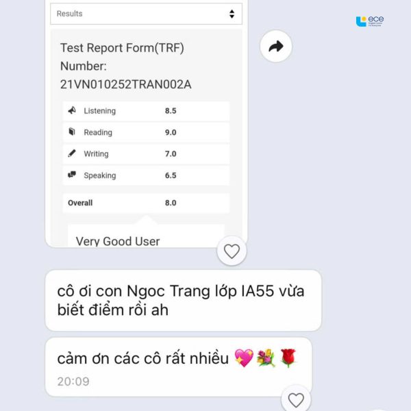 Học viên lớp IA55 báo điểm IELTS Overall 8.0 cho trung tâm ngoại ngữ ECE