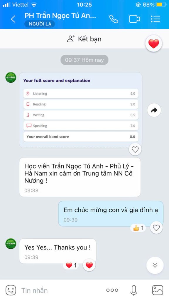 Học viên Trần Ngọc Tú Anh báo điểm IELTS Overall 8.0 cho trung tâm ngoại ngữ ECE
